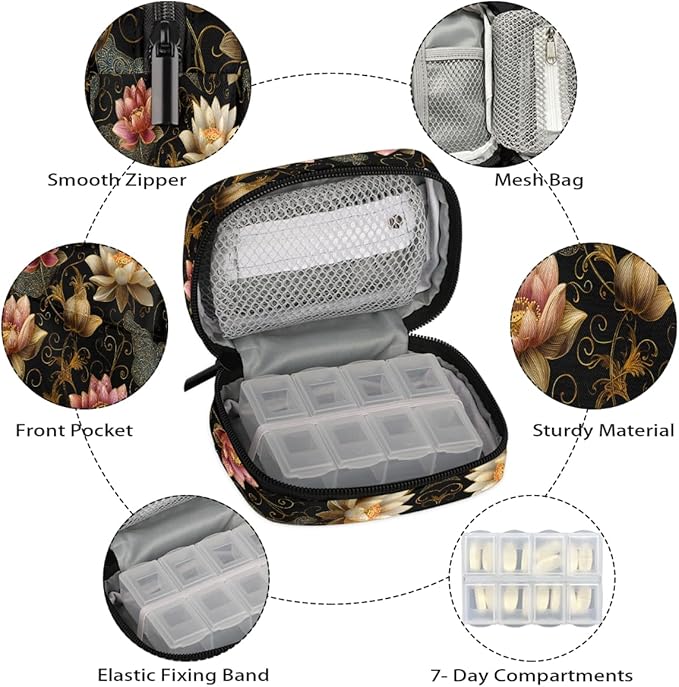 Lotus Ethnic Style Pill Case Everyday Travel, 7 Day Weekly Medicine Pill Box Compact Portable Pills Bottle Organizer with Zipper for Daily Vitamin Medicine Holder Bottle Organizers Bag