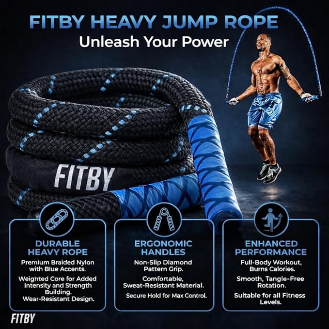 Weighted Jump Rope - 2.9lbs, 9.9 Feet Long Jump Ropes for Fitness, Home Workout Rope, Skipping Rope for Exercise, Total Body Workout Equipment, Durable Jumping Rope by Fitby