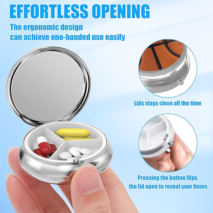 Pill Box, 3 Compartments Small Ball Sport Pill Case Travel Portable Metal Medicine Box with Mirror Mini Container for Purse Pocket Women Men(Basketball)