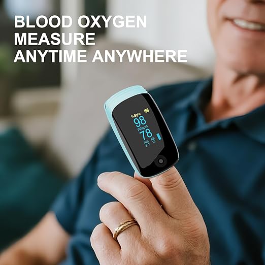 Fingertip Pulse Oximeter with Respiration Rate, Heart Rate, PI and RR Measurement, Rechargeable SpO2 Monitor, 6 View Modes & Rotating OLED Display(Blue）