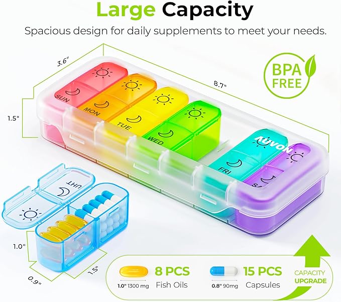 AUVON Weekly Pill Organizer 2 Times a Day in 7 Colors with Face-Up Labels for Easy Organization, Portable AM PM Pill Box 7 Day with Dual Protection Keeps Medications, Vitamins, Fish Oils from Spills