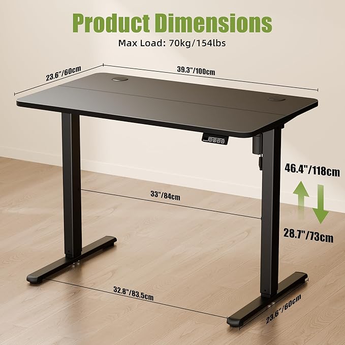 ERGOMAKER Electric Standing Desk, 39.4" x 23.6" Height Adjustable Sit Stand Desk with Splice Board for Home Office, Computer Desk Memory Preset (Black Frame, Black Desktop)