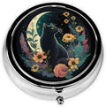 Pill Box, Small Pill Organizer with 3 Compartments and Mirror, Cute Round Portable Travel Metal Pill Case for Pocket or Purse, Privacy-Protecting Medicine Box-Dark Night Moon Flower Cat