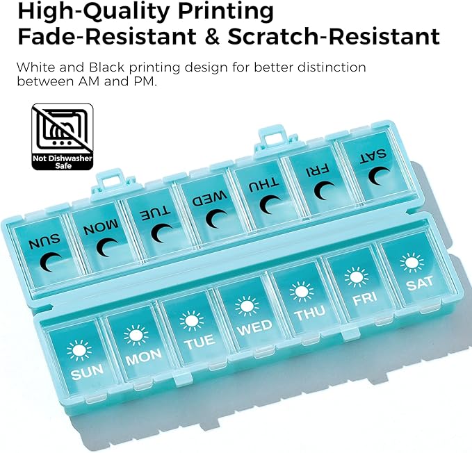 Foldable Pill Organizer Weekly 2 Times a Day, 7 Day Portable AM PM Travel Pill Case with Black&White Labels, Dual-Protection Daily Medicine Box, Large Pill Container for Vitamin/Supplement-Blue
