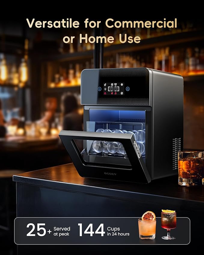 ecozy 2" Clear Ice Ball Maker with CrystalFlux Technology, 4 pcs in 40 Mins, 144 pcs/Day, Sphere Ice Maker with Enhanced Insulation, Automatic Water Supply, Self-Cleaning for Whiskey & Bourbon