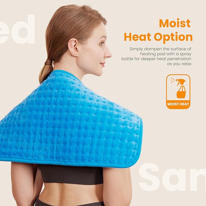 Electric Heating Pad for Back Pain Relief & Cramps - 6 Heat Settings,Auto Shut Off,Moist Heat Options,Portable Heated Pads for Neck/Shoulder Machine Washable Gift for Men Women,Blue,12"x24"