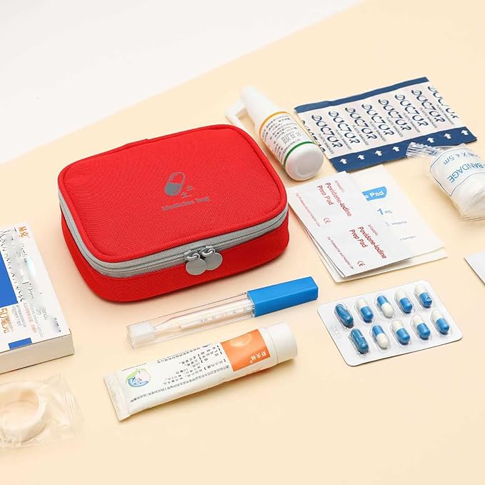 Small Empty First Aid Bag, Compact Travel Medicine Pouch Double Zippers Cute Pill Pocket for Travel Home,Red