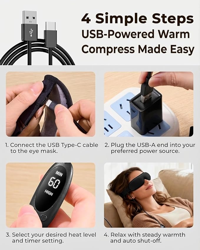 Heated Eye Mask for Dry Eyes: FSA&HSA Eligible, Stable Warm Compress for Tired Eyes, Stye & Blepharitis Relief – with Temperature & Timer Control, USB-Powered – Ideal for Sleep, Office & Travel