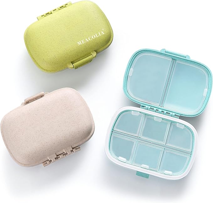 MEACOLIA 3 Pack 8 Compartments Travel Pill Organizer, Daily Pill Case Small Pill Box for Pocket Purse, Portable Pill Container Medicine Vitamin Organizer (Blue, Green, Khaki)