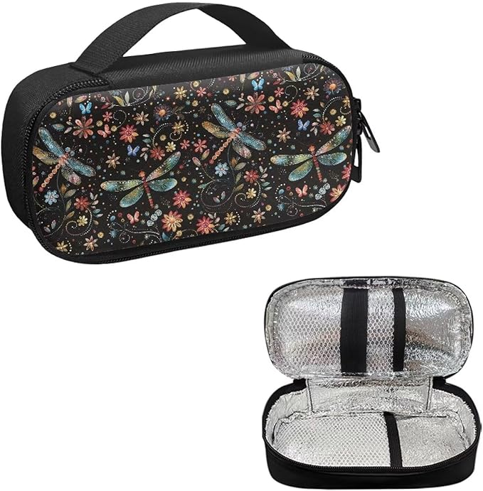 Colorful Dragonfly Floral Insulin Cooler Travel Bag Water & Stain Resistant Insulated Carrying Case to Store Insulin Pen, Needles and Diabetic Supplies, Easy to Use & Clean