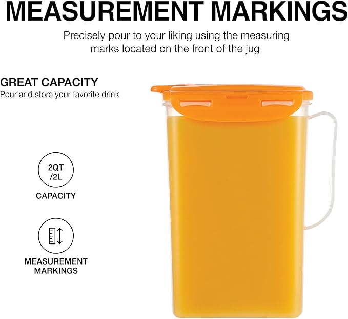 LocknLock Aqua Fridge Door Water Jug with Handle BPA Free Plastic Pitcher with Flip Top Lid Perfect for Making Teas and Juices, 2 Quarts, Orange