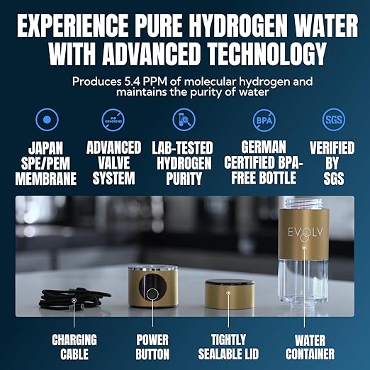 EVOLV Hydrogen Water Bottle Generator – SPE & PEM Water Ionizer 5.4PPM, Highest H2 Concentration – Portable 8oz Hydrogenated Water Bottle – Leak-Proof Hydrogen Water Machine, Easy to Use – Champagne