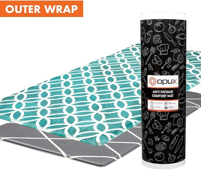 OPUX Anti Fatigue Kitchen Floor Mat, Reversible Cushioned Memory Foam Kitchen Rug Pad, Waterproof Non-Slip Padded Comfort Standing Mat Office Laundry Home, 32x17 (Geometric Teal Gray)