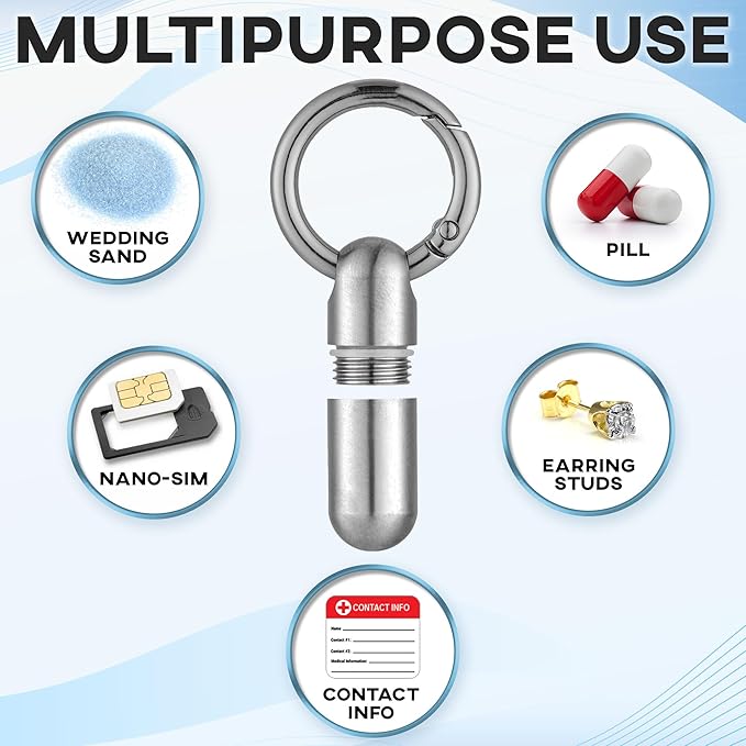 Titanium Keychain Pill Holder, Small Waterproof Pill Case Container w/Convenient Carabiner Clip, High-Grade Mini Metal Medicine Organizer, Airtight & Portable for Travel/Daily Medication by Boxsik