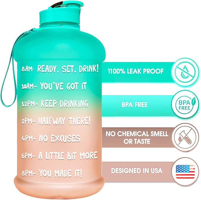 NatureWorks HydroMATE Half Gallon Water Bottle with Times to Drink BPA Free Leak Proof Reusable Jug with Handle 64 oz