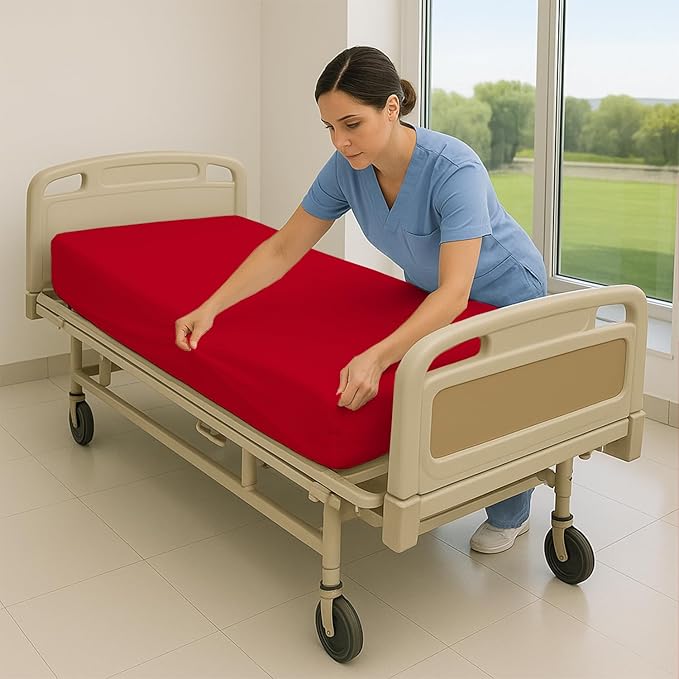 4 Pack Fitted Hospital Bed Sheets - Soft Microfiber Hospital Fitted Sheet - Hospital Bed Fitted Sheets (Red, 36" x 84" x 12")