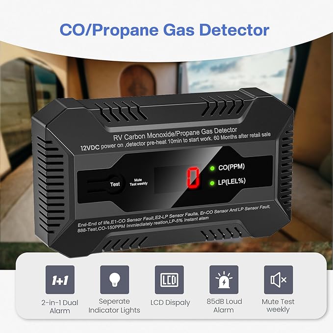 RV Carbon Monoxide & Propane Gas Detector, Dual LP/CO Gas Alarm with Separate LCD Indicator Lights, 85dB Loud Alarm, Carbon Monoxide Propane Gas Leak Detector for RV and Home Use-12V DC