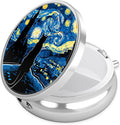 Starry Night Cat Pill Case, Pill Box 3 Compartments Metal Small Pill Holder with Mirror Mini Travel Pill Container for Purse Pocket Women Men