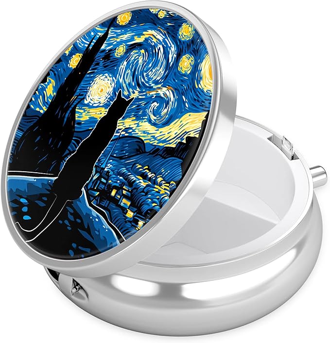 Starry Night Cat Pill Case, Pill Box 3 Compartments Metal Small Pill Holder with Mirror Mini Travel Pill Container for Purse Pocket Women Men