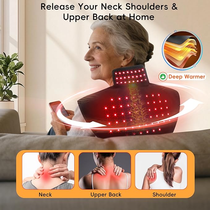 Cordless Red Light Therapy for Neck & Shoulders Pain Relief, 5000mAh 850nm Infra Device for Upper Back Muscle Relax with Timer, Rechargeable 660nm Wearable Heating Pad, for Women Men