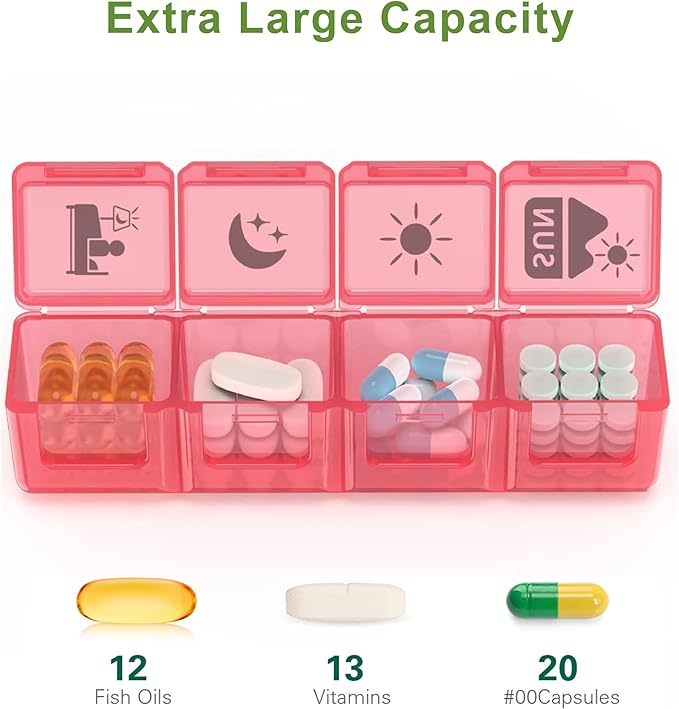 Extra Large Weekly Pill Organizer 4 Times a Day, Fullicon XXL Large Pill Box, 7 Day Medicine Organizer, Black Pill case for Vitamin/Fish Oil/Supplements