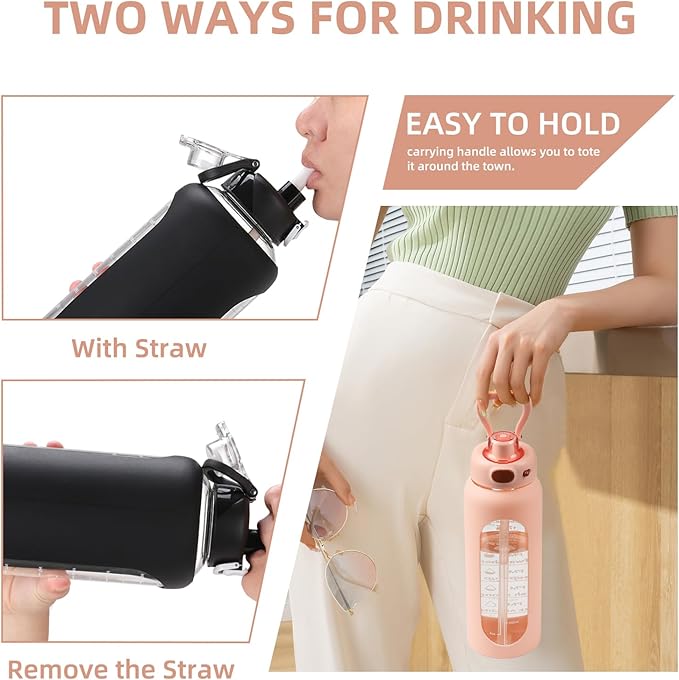SIEROZUR 32 oz Glass Water Bottle with Straw and Handle 1 Liter Glass Water Bottle with Silicone Sleeve and Time Marker Sports Water Jug Wide Mouth for Travel Gym