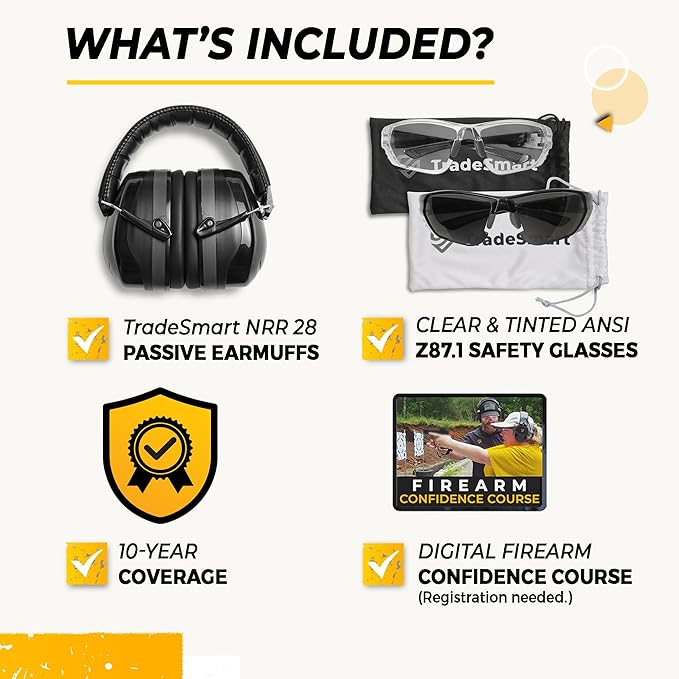TradeSmart High-Performance Earmuffs for Shooting Range & Shooting Eye Protection Glasses + Firearm Confidence Course