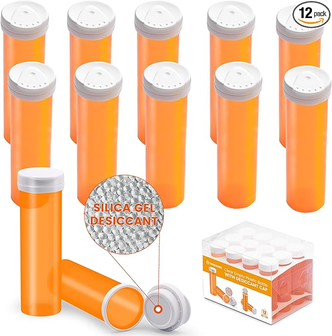 Desiccant Cap Pill Bottle,11 Dram 12pcs Medicine Bottle, Pill Bottles Empty with Caps, Empty Pill Bottles, Prescription Medicine Containers Travel Airtight Pill Airtight Medicine Container