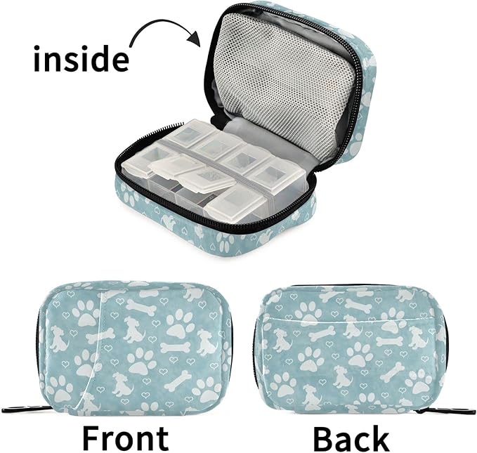 Fustylead Paw Prints Puppy Bone Heart Pill Organizer Travel Bag, Small Portable Pill Case Cute for Vitamin Fish Oil Supplements Medicine Organizer with Zipper