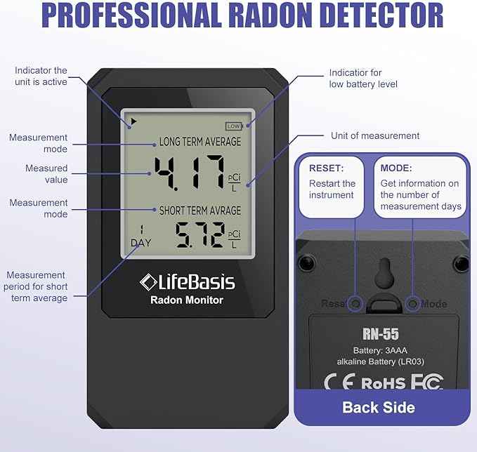 LifeBasis Radon Detector, Radon Test for Home with Long and Short Term Radon Meter, Home Radon Gas Monitor US Version-pCi/L (Update Version, Matte Black)
