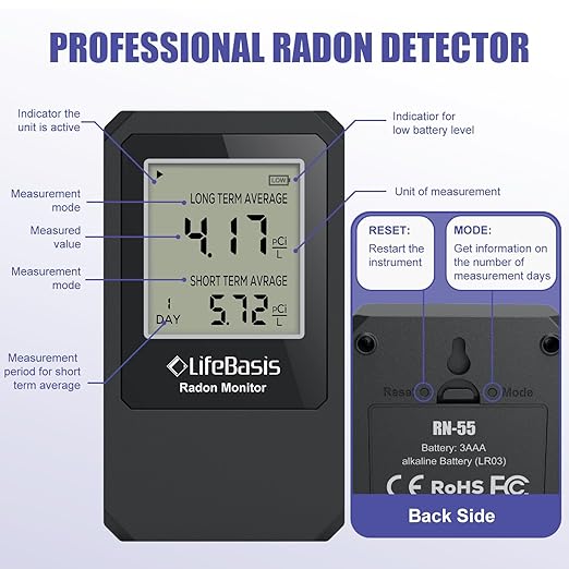 Life Basis Home Radon Detector, Portable Radon Tester for Home with Long and Short Term Radon Monitoring 0-500 pCi/L Range Battery Operated (Including Battery)