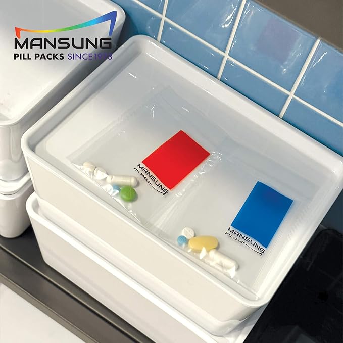 Mansung M 600 Bags/Blue, Heat Seal Pill Bags, Suite, Sorter Organizer for Medication, Food Safe, BPA Free Heat Seal Bag pouche Pack Organizer Dispenser kit Daily Blister Packs Use with Tray, AM PM