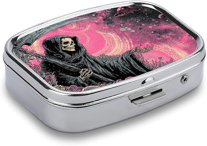 Metal Pill Organizer – 2-Compartment Pocket Pill Box for Vitamins, Supplements, Medications – Compact Travel Case (Grim Reaper in Cosmic Pink)