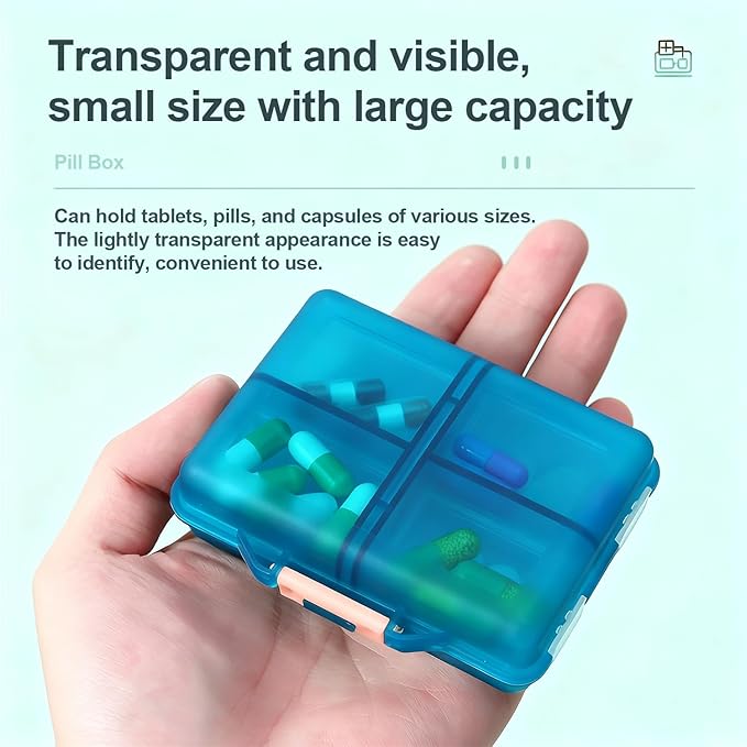 Travel Pill Organizer, Moisture Proof Daily Medicine Dispenser Box, Small Weekly Vitamin Case for Supplement, Fish Oil, Meds, Pocket Pharmacy Cute Capsule Container 8 Compartments, Yellow