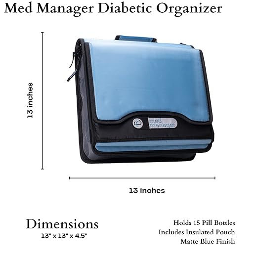 Med Manager Medicine Organizer and Binder, Removable Pouches, Detachable 5-Tab Expanding File Folder, Holds 15 Pill Bottles - 11 Standard Size and 4 Large Bottles, Light Blue 13 x 13 x 4.5 inches