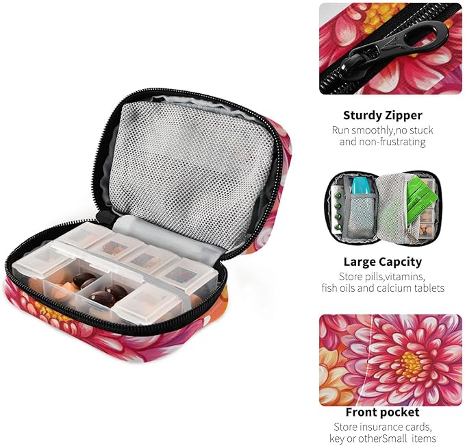 Pink and Orange Chrysanthemum Flowers Cute Pill Organizer Weekly Travel Pill Box 7 Day Large Capacity Pill Dispenser Case with 8 Pill Container Daily Pill Box Organizer Vitamin Holder Pill Bot