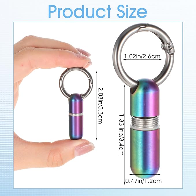 Small Pill Case Keychain Tiny Portable Carabiner Clip Pill Holder Bottle Micro Waterproof Metal Pill Container Mini Emergency Medicine Organizer for Outdoor Camping Travel Purse (Colorful)