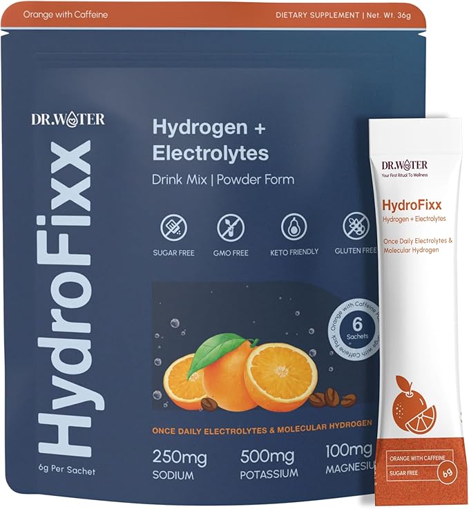 HydroFixx Hydrogen + Electrolytes Mix - Variety Pack | H2 Hydration with Molecular Hydrogen, Sodium, Potassium, Magnesium | LemonLime, MixBerry, Orange Caffeine | 6 Count (6, Orange Caffiene)