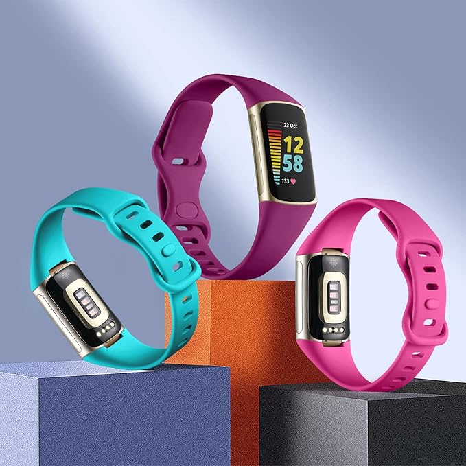 Maledan Sport Band Compatible with Fitbit Charge 5 Bands/Charge 6 Bands for Women Men, Waterproof Silicone Slim Thin Wristband Replacement for Fitbit Charge 5 Fitness Tracker, 3 Pack Fuchsia/Rose/Teal