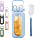 BLUEGO 64oz Glass Water Bottles with Straw Time Marker Half Gallon Large Motivational Water Bottle with Silicone Sleeve 2 Liter Large Glass Water Jug for Gym, Sports& Workout, Daily, Light Blue