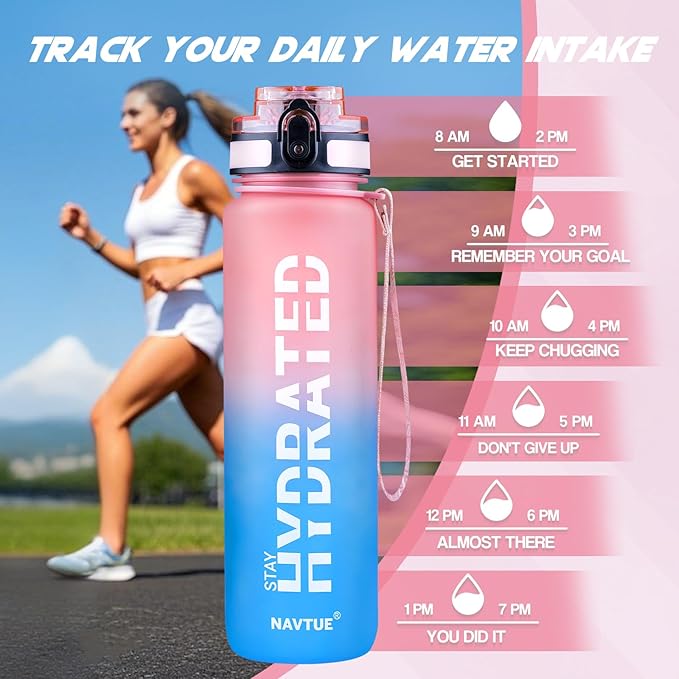 Water Bottle, 32oz Sports Water Bottles with Time Marker Wide Mouth, Motivational and Leakproof Drink Bottle, BPA Free Tritan with Carry Strap for Gym Fitness Outdoor(1 Bottle)