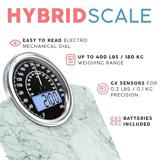 Adamson Hybrid 2-in-1 Analog & Digital Weighing Scale for Body Weight up to 400lbs - Thick Tempered Glass - Extra Large Display - Easy to Read Digital Bathroom Scale - New - Marble White
