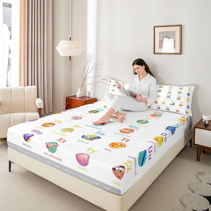 ABC Alphabet Fitted Sheet Full Size, Cartoon Bedding Set with Numbers, Toddler Educational Learning Bed Cover and 2 Pillow Case