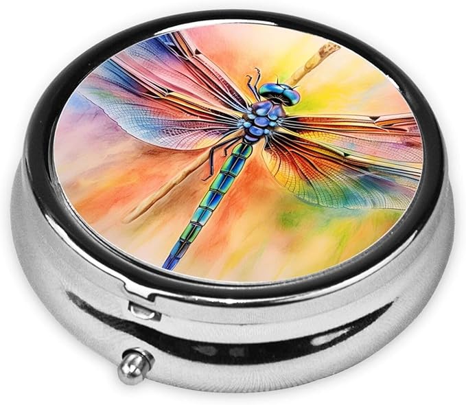 Hand Draw Retro Dragonfly Pill Box 3 Compartment Pill Case, Portable Medicine Pill Organizer for Pocket Purse Pill Box Decorative Metal Medicine Vitamin Organizer