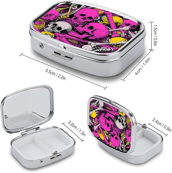 Metal Pill Organizer – 2-Compartment Pocket Pill Box for Vitamins, Supplements, Medications – Compact Travel Case (Psychedelic Neon Skull Chaos)