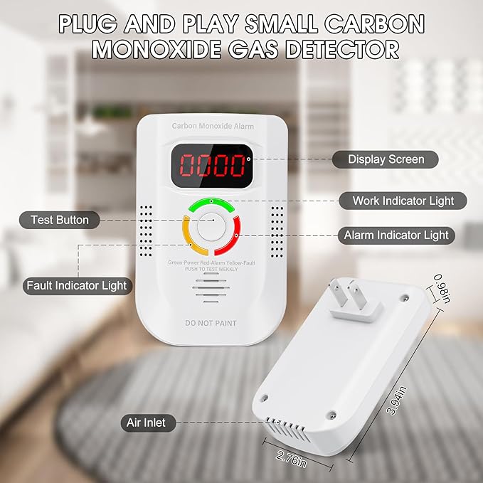 3 Pack Carbon Monoxide Detector,Plug in co Detectors for Home, Portable Carbon Monoxide Alarm Battery Powered with LED Display for Travel