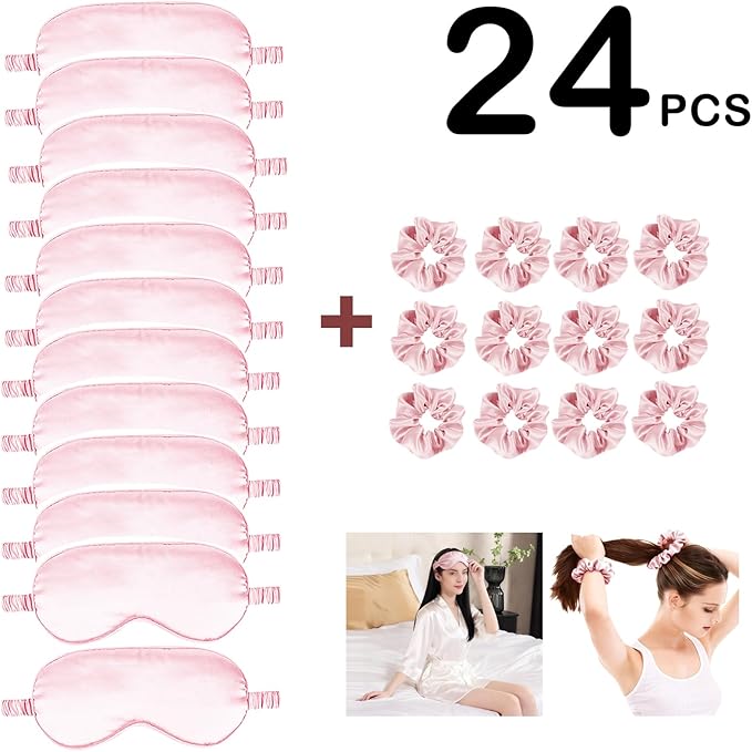 24Pcs Satin Eye Mask Silk Sleep Masks Silky Eyes Cover Blackout Blindfold Eyeshade Scrunchies Hair Ties Travel Wedding Gift
