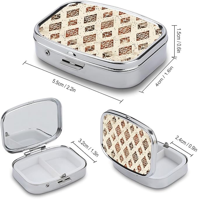 Pill Box Ivory and Brown Square Pill Case Mini Metal Travel Pillbox for Purse Small Cute 2 Compartment Medicine Pill Organizer Portable Pill Container Holder for Daily Medicine Vitamin