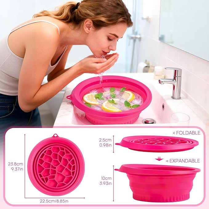 Portable Facial Ice Bath Bowl - Foldable Silicone Bowl with Built-In Ice Tray for Skincare, Suitable for Skin Facial Icebath at Home (Rose)