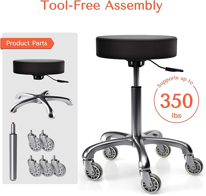 TASALON Rolling Stool - Adjustable Stool with Wheels - Soft Swivel Workbench - Desk Chair for Kitchen, Salon, Spa, Tattoo, Pedicure - Massage Salon Esthetician Chair – Black